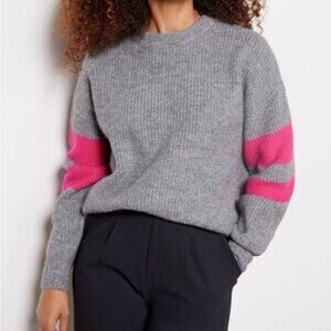 John + Jenn Long Sleeve Crewneck Varsity Stripe Sweater Gray Pink XS